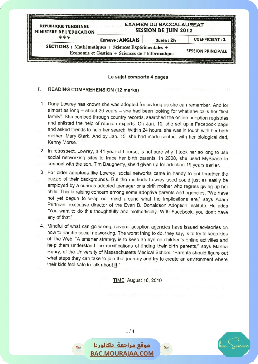 Sujet principale anglais Bac 2012 – Section science